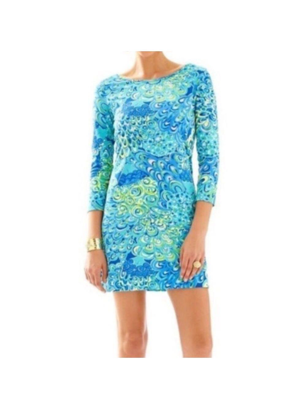 Lilly Pulitzer Marlowe Peacock T-Shirt Dress Blue Green Boatneck Size XS